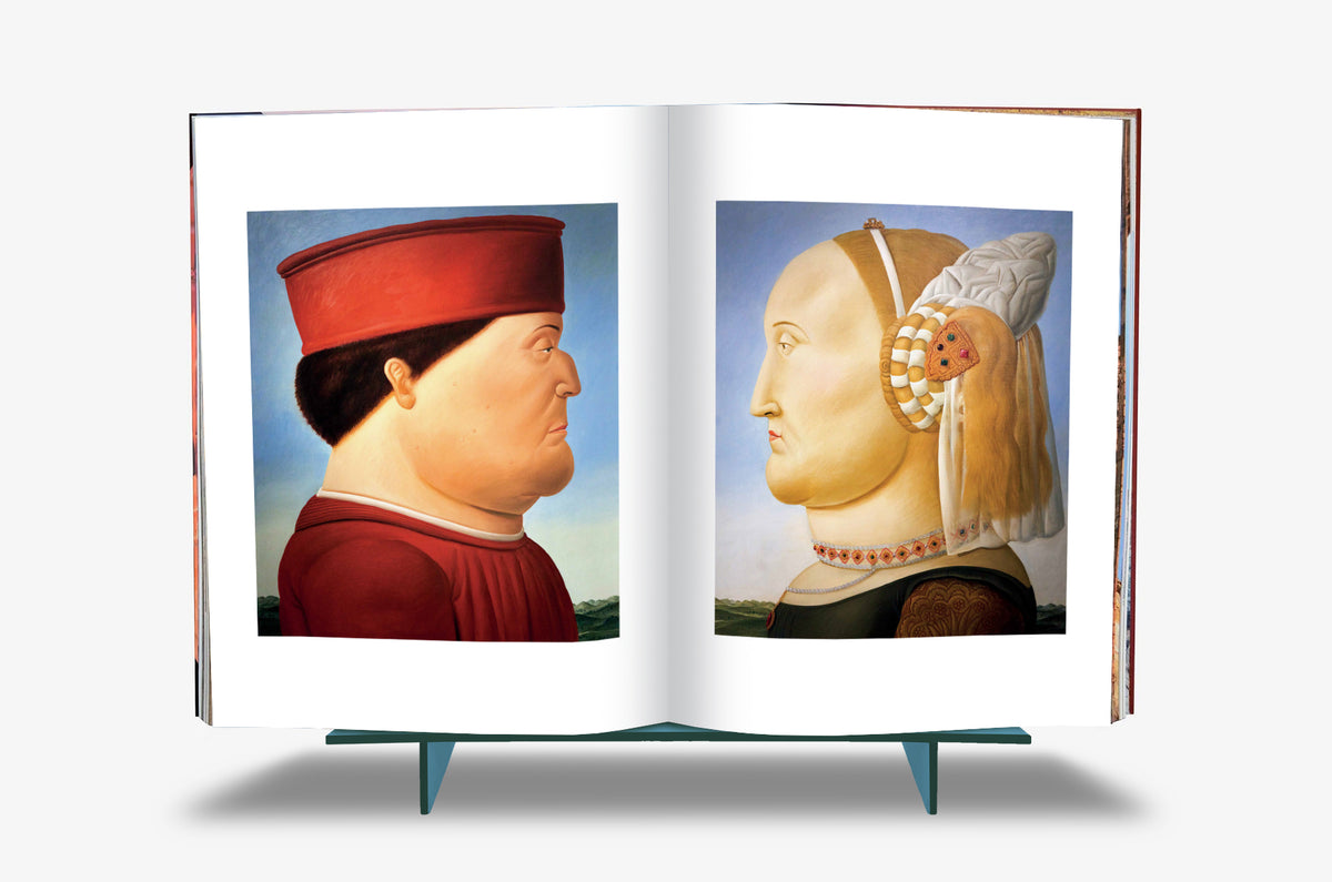 Fernando Botero XXL by Assouline: Book open to a spread of Botero's Renaissanceportraits — a rotund man in a red beret shown in profile on the left, facing awoman in an elaborate white wimple headdress on the right, both rendered inBotero's sumptuous, volumetric style against a pale blue sky.