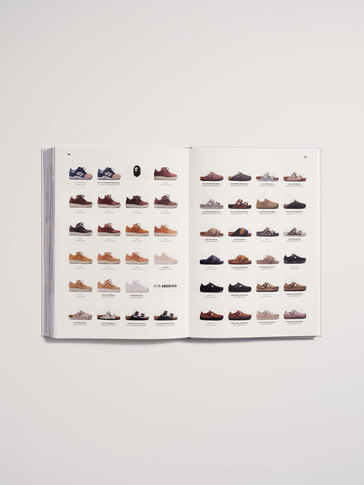 An open book or catalog spread displaying many small sneaker illustrations arranged in rows on white pages, photographed against a light gray background.