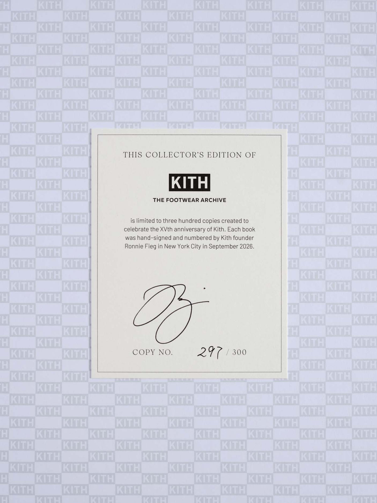 A collectible edition insert card from Kith The Footwear Archive, featuring a printed description, a black Kith logo, a signature, and a copy number 297/300, set against a light gray patterned background.