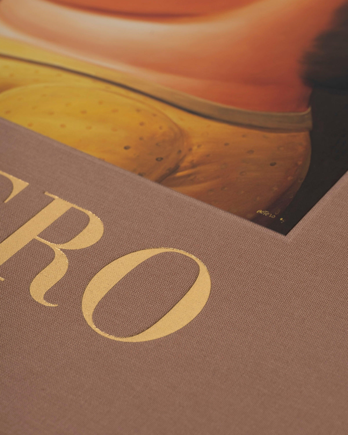 Fernando Botero by Assouline: extreme close-up of the book cover corner; the lower edge of a Botero painting is visible at the top showing warm voluminous flesh-toned rounded forms in orange and terracotta tones, partially overlapping the cover; the cover's warm rose-taupe linen cloth shows the letters RO in large gold serif type, the final letters of BOTERO